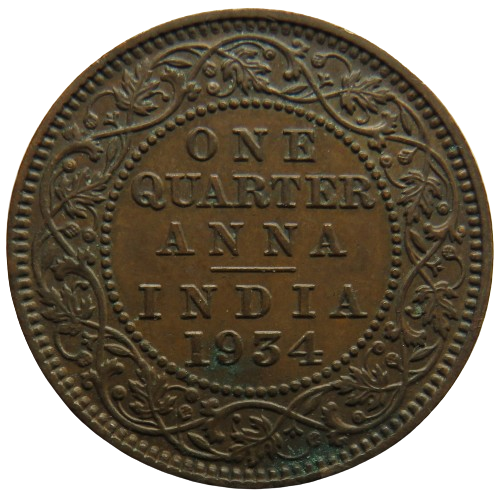 1934 King George V India 1/4 Anna Coin.