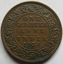 Load image into Gallery viewer, 1934 King George V India 1/4 Anna Coin.
