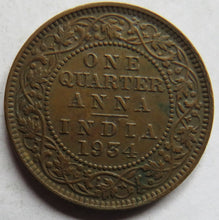 Load image into Gallery viewer, 1934 King George V India 1/4 Anna Coin
