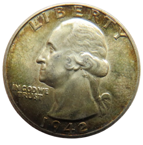 1942 USA Washington Silver $1/4 Quarter Coin In High Grade