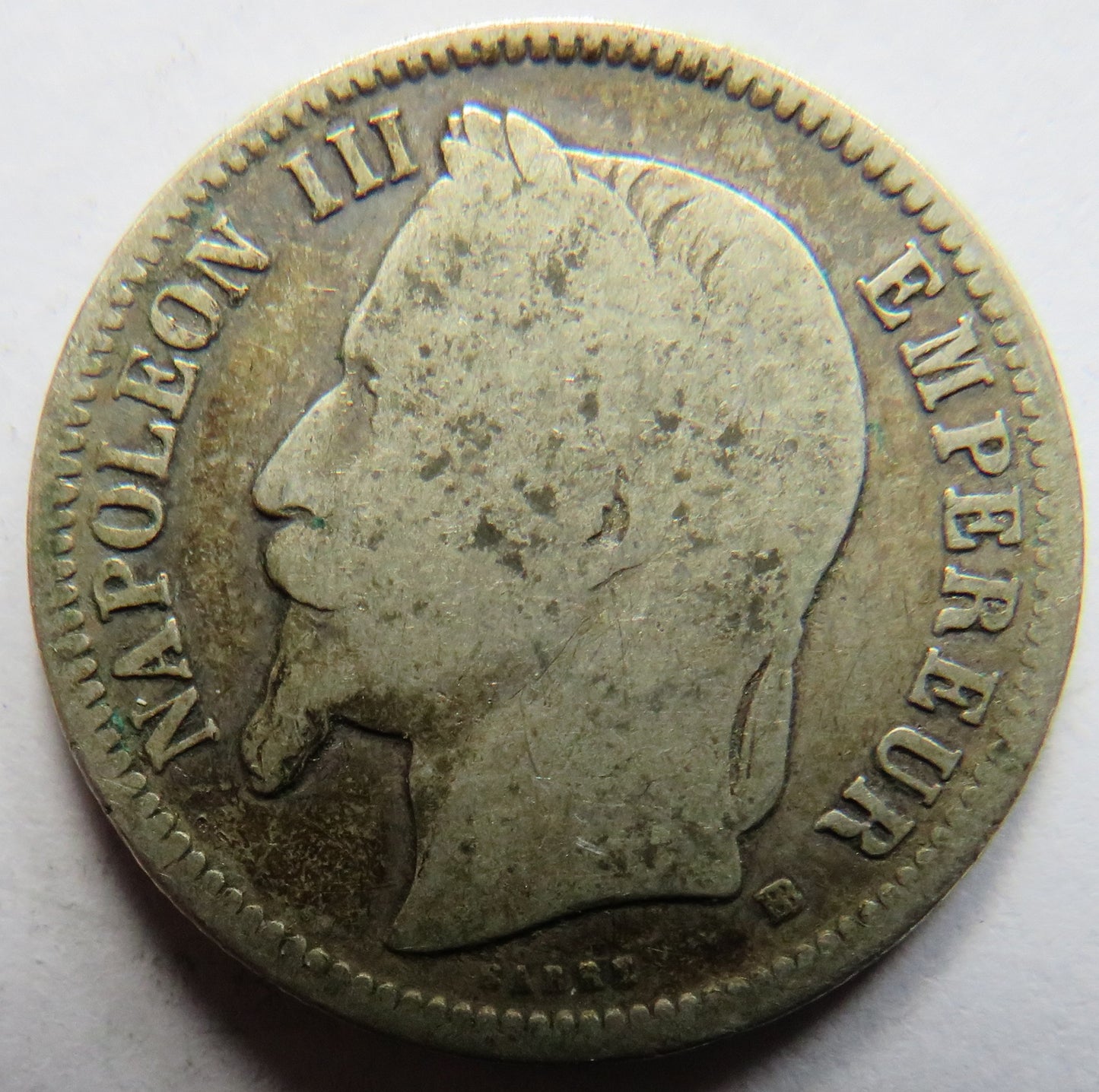 1870-BB Napoleon III France Silver One Franc Coin
