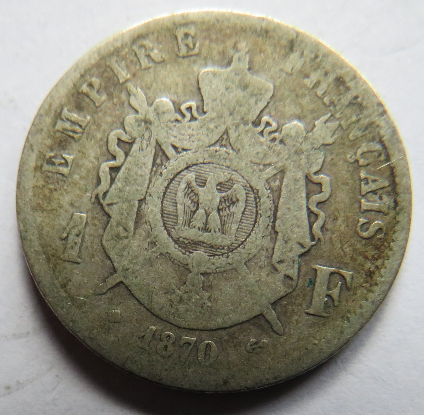 1870-BB Napoleon III France Silver One Franc Coin