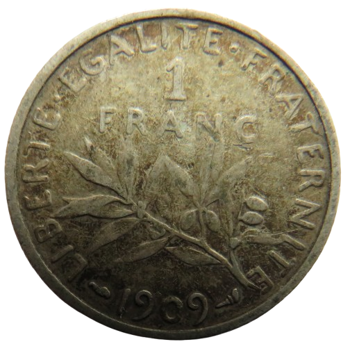 1909 France Silver One Franc Coin