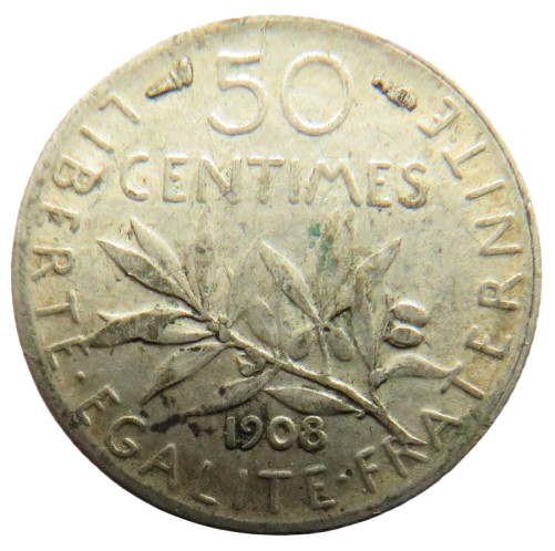 1908 France Silver 50 Centimes Coin