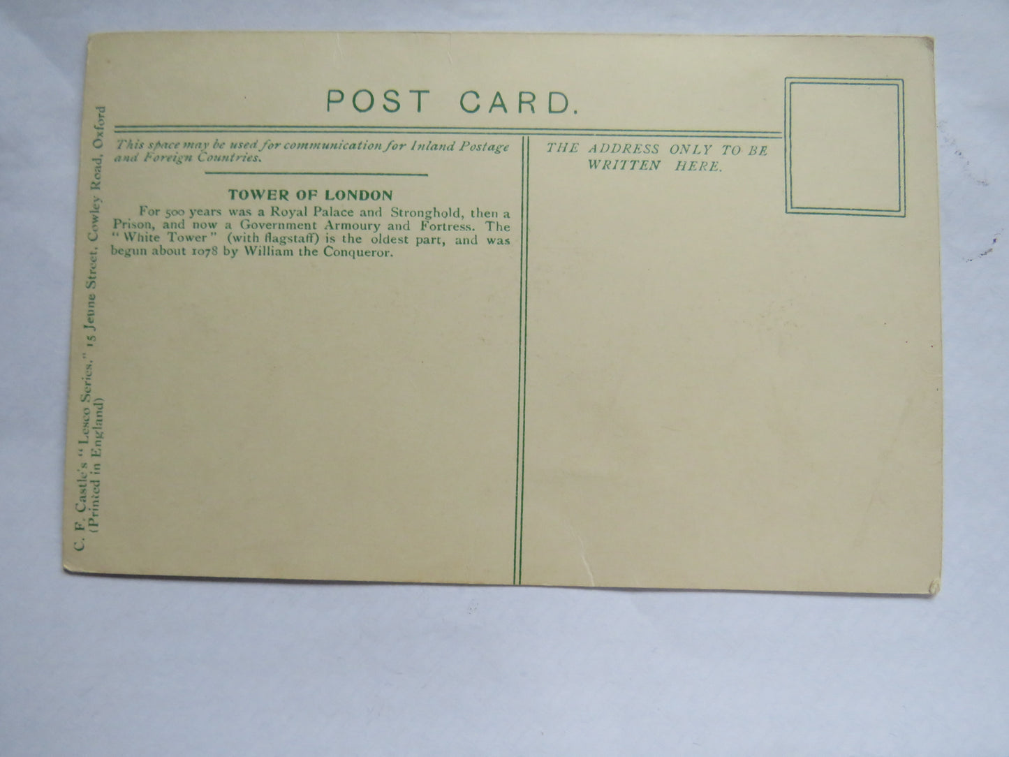 Vintage Postcard of The Tower of London, C.F. Castle's "Lesco Series"