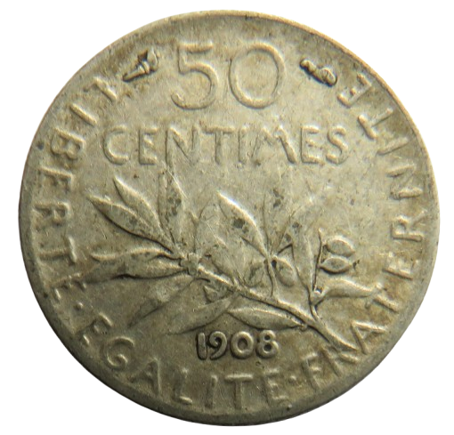 1908 France Silver 50 Centimes Coin