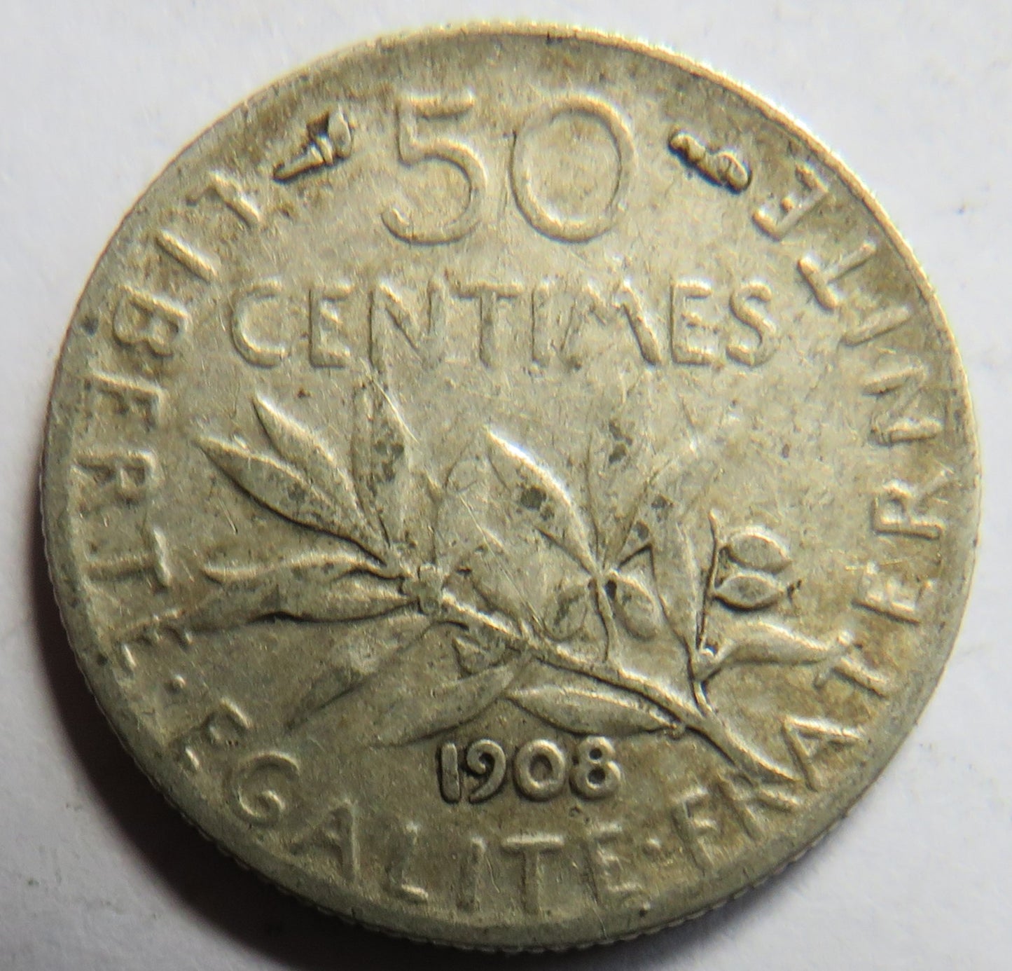 1908 France Silver 50 Centimes Coin