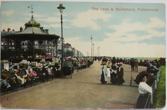 Vintage Postcard of The Leas & Bandstand, Folkestone, 1911
