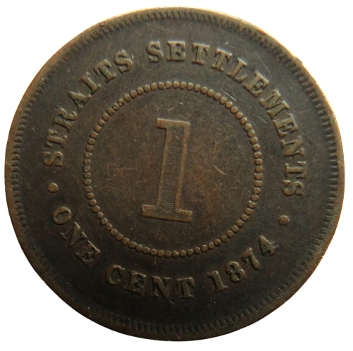 1874 Queen Victoria Straits Settlements One Cent Coin
