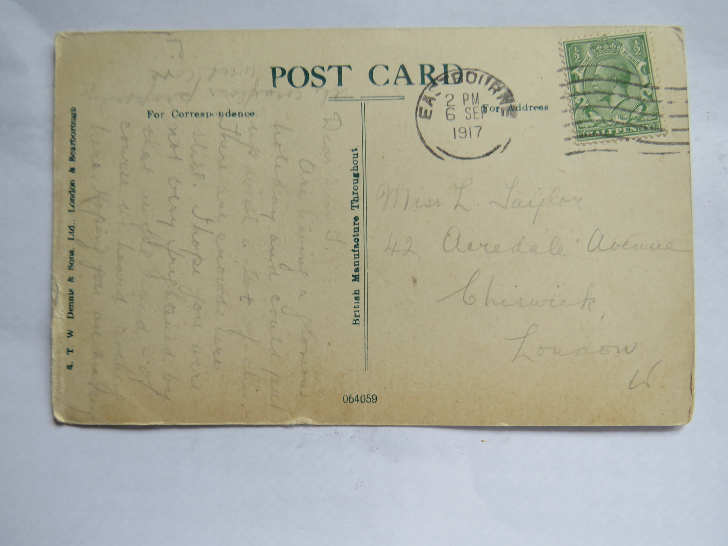 Vintage Postcard of Holywell, Eastbourne, 1917