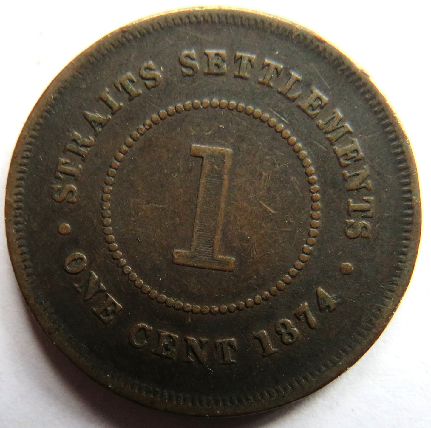 1874 Queen Victoria Straits Settlements One Cent Coin