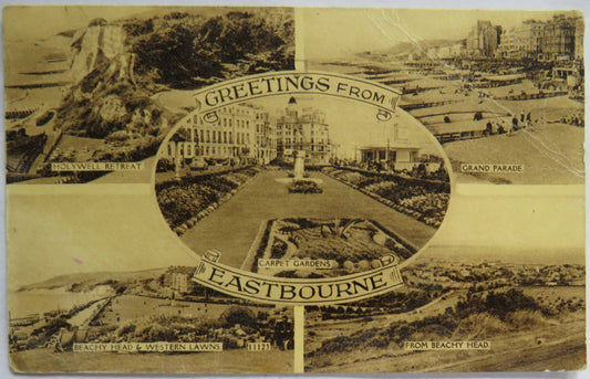 Vintage Postcard of Greetings From Eastbourne, Multiview Postcard, 1962