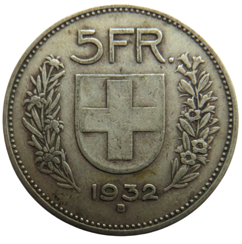 1932 Switzerland Silver 5 Francs Coin