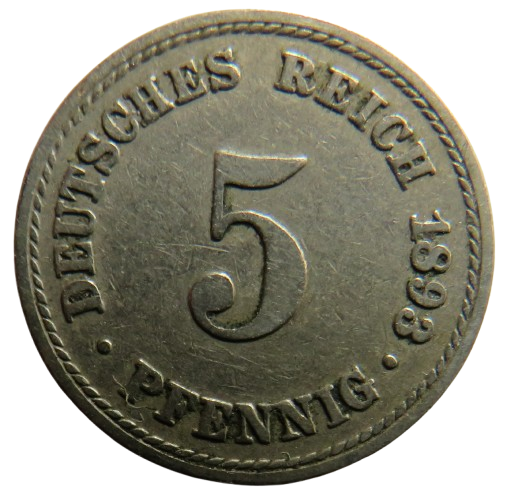 1893-A Germany 5 Pfennig Coin
