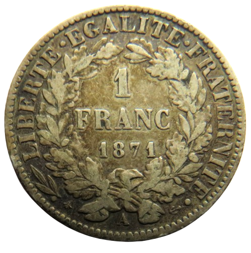 1871-A France Napoleon III Silver One Franc Coin