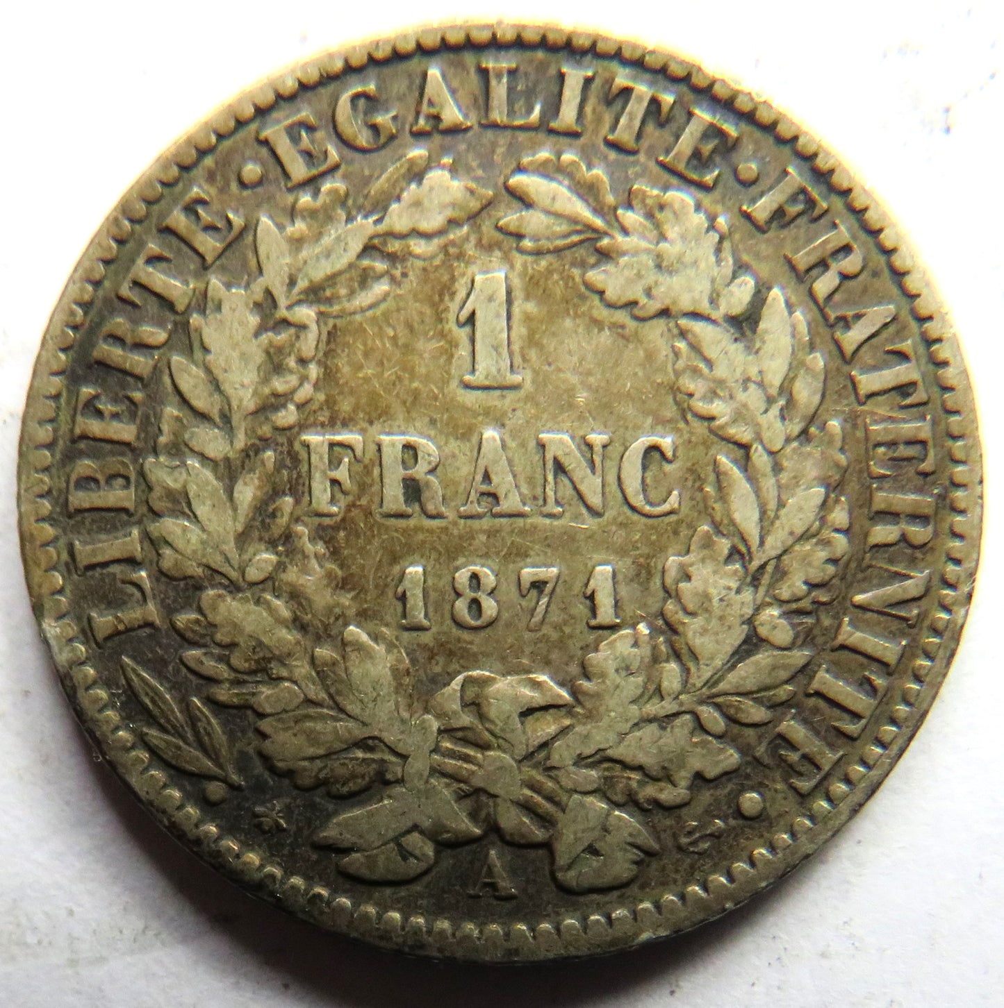 1871-A France Napoleon III Silver One Franc Coin