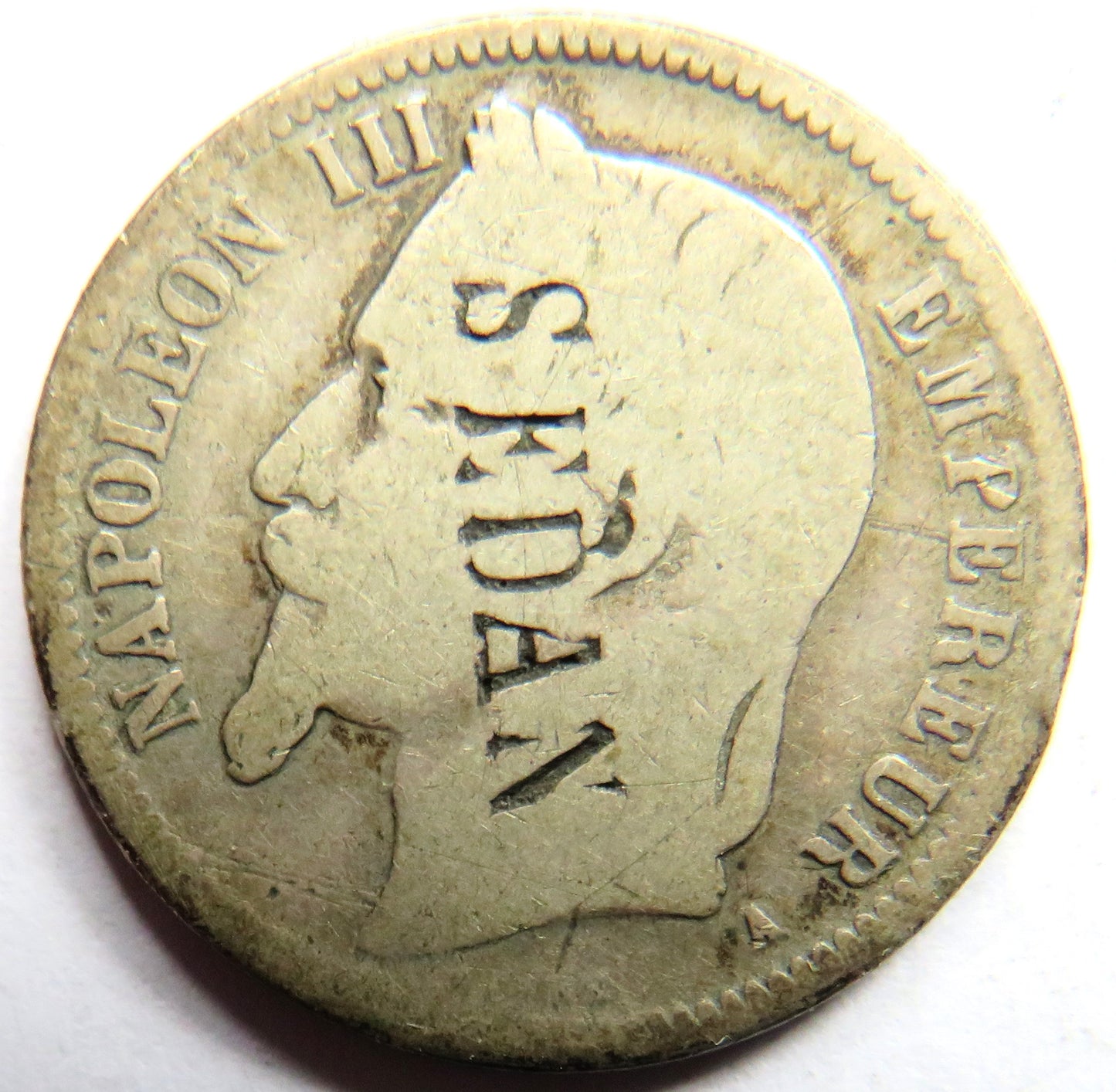 1868 France Silver One Franc Coin Engraved "Sedan"