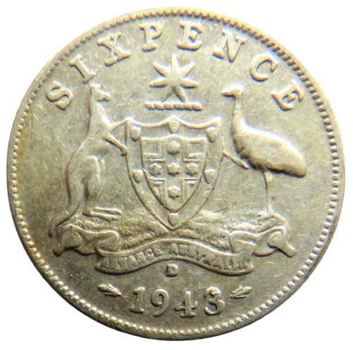 1943-D King George VI Australia Silver Sixpence Coin