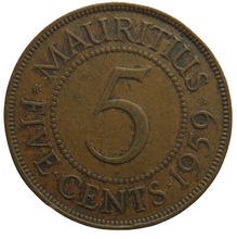 Load image into Gallery viewer, 1959 Queen Elizabeth II Mauritius 5 Cents Coin
