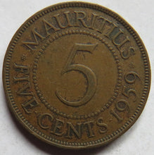 Load image into Gallery viewer, 1959 Queen Elizabeth II Mauritius 5 Cents Coin
