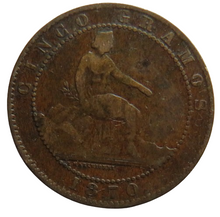 Load image into Gallery viewer, 1870 Spain 5 Centimos Coin
