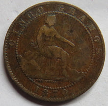 Load image into Gallery viewer, 1870 Spain 5 Centimos Coin
