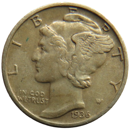 1936 USA Silver Mercury One Dime Coin