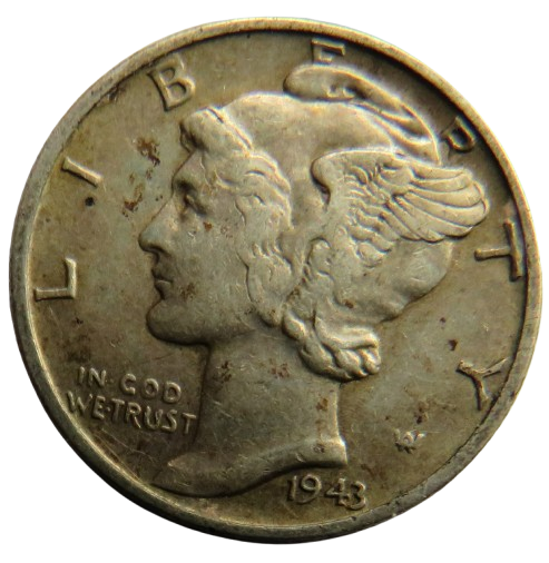 1943 USA Silver Mercury One Dime Coin