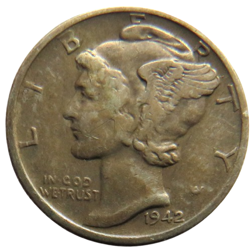 1942 USA Silver Mercury One Dime Coin