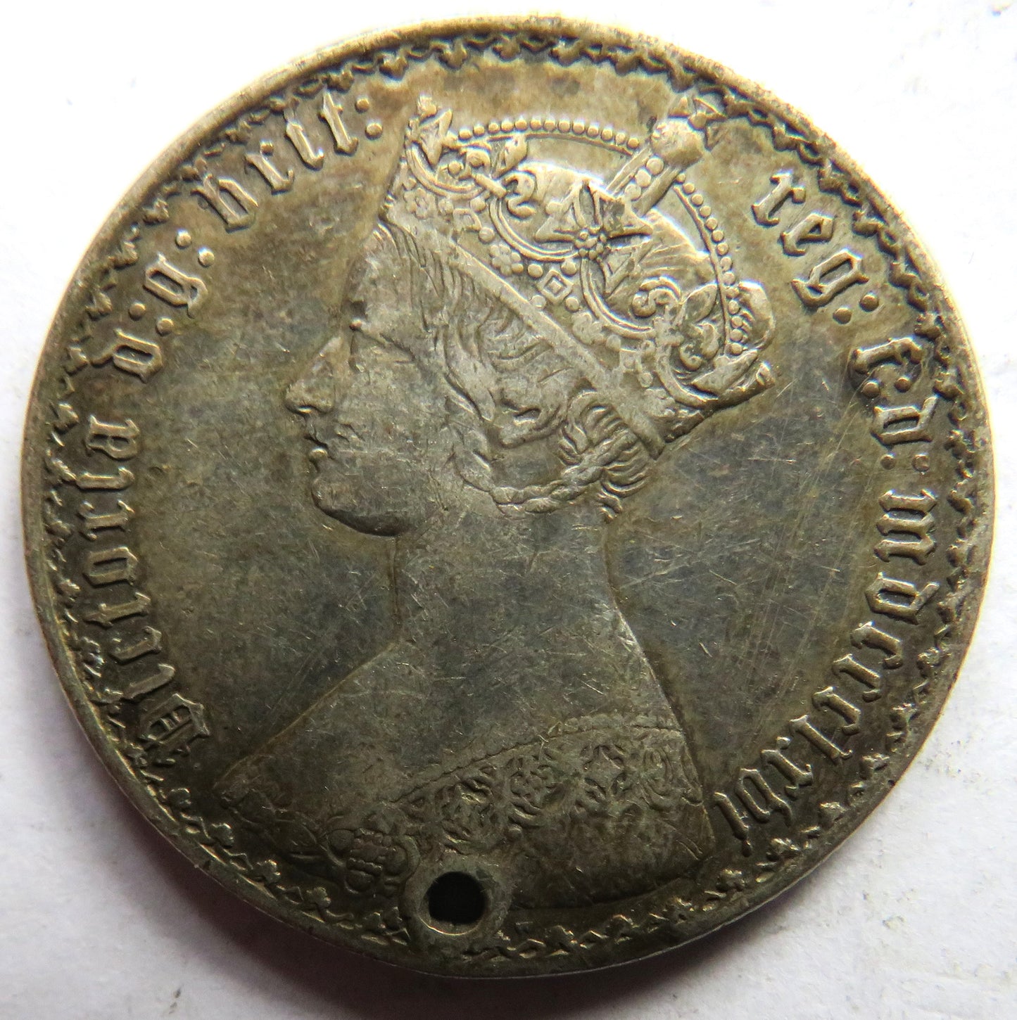 1866 Queen Victoria Silver Gothic Florin Coin (Holed)