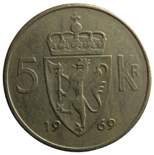 Load image into Gallery viewer, 1969 Norway 5 Kroner Coin
