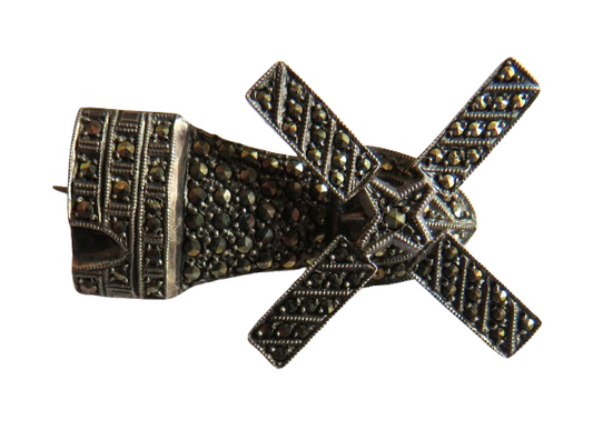 Vintage Silver & Marcasite Ladies Brooch In Shape of Windmill