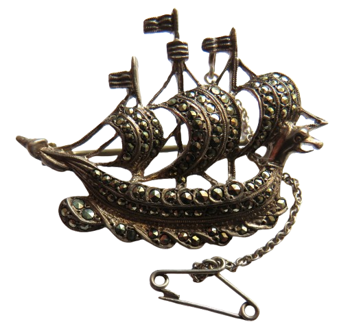 Vintage Silver & Marcasite Ladies Brooch In Shape of Ship
