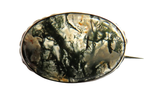 Antique White Metal & Moss Agate Small Scottish Brooch