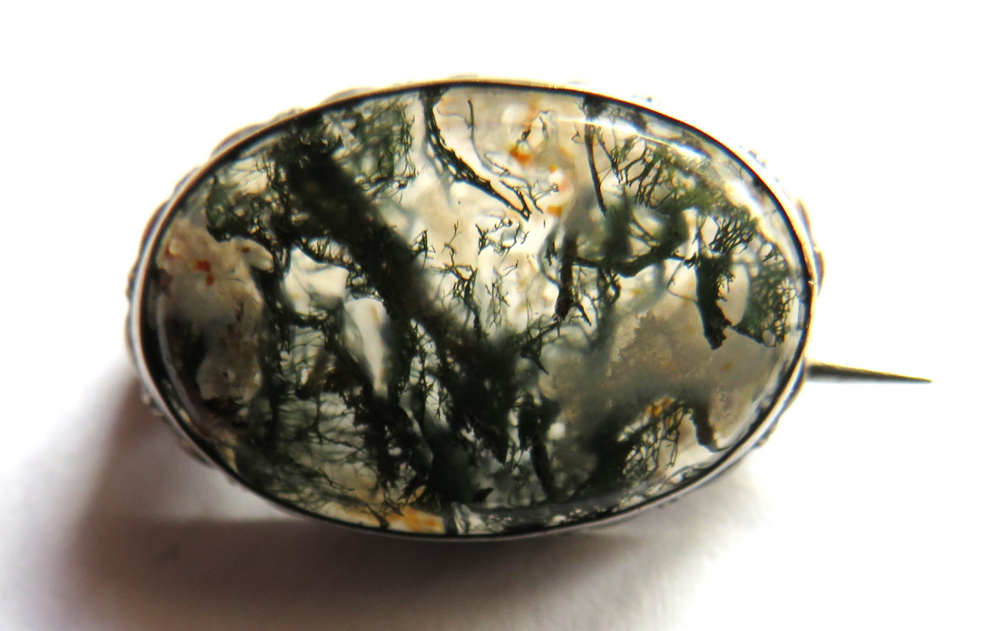 Antique White Metal & Moss Agate Small Scottish Brooch