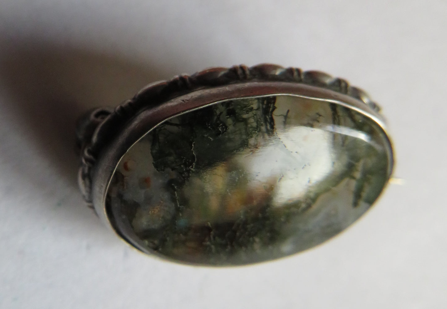 Antique White Metal & Moss Agate Small Scottish Brooch
