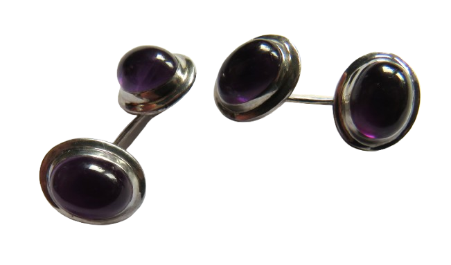 Stylish Pair of Men's Sterling Silver & Purple Stone Cufflinks Edinburgh Hallmarks