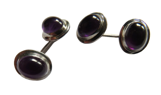 Stylish Pair of Men's Sterling Silver & Purple Stone Cufflinks Edinburgh Hallmarks