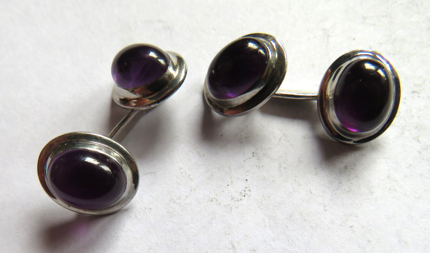 Stylish Pair of Men's Sterling Silver & Purple Stone Cufflinks Edinburgh Hallmarks