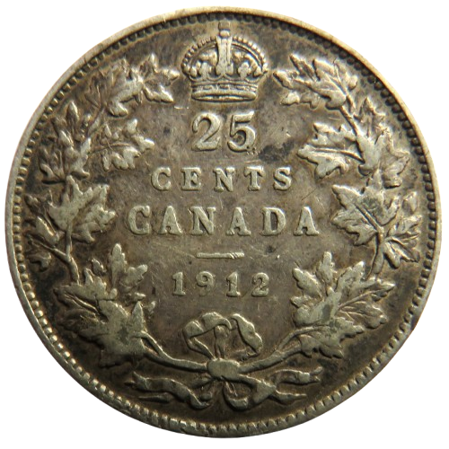 1912 King George V Canada Silver 25 Cents Coin