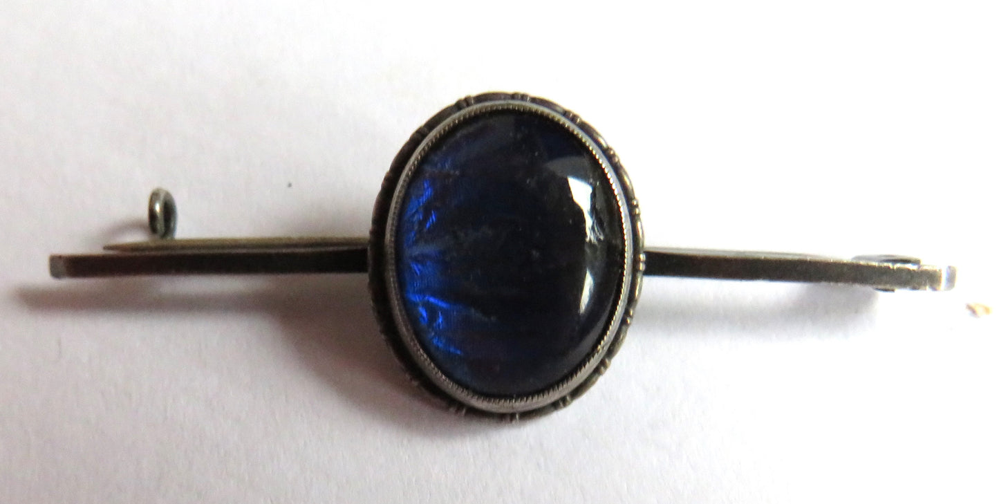 Antique Sterling Silver & Butterfly Wing Bar Brooch