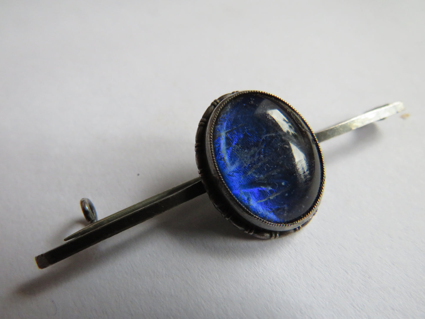 Antique Sterling Silver & Butterfly Wing Bar Brooch