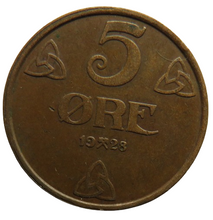 Load image into Gallery viewer, 1928 Norway 5 Ore Coin
