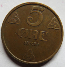 Load image into Gallery viewer, 1928 Norway 5 Ore Coin
