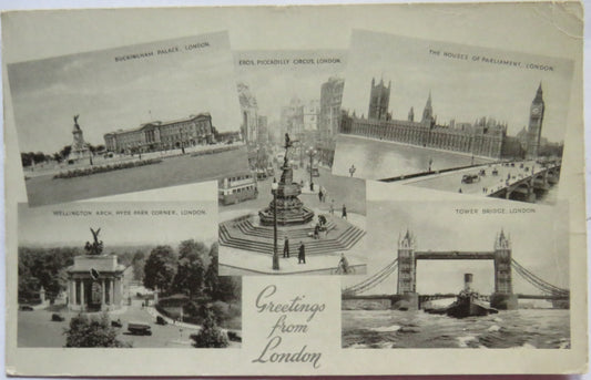 Vintage Multiview Postcard of Greetings from London, 1948