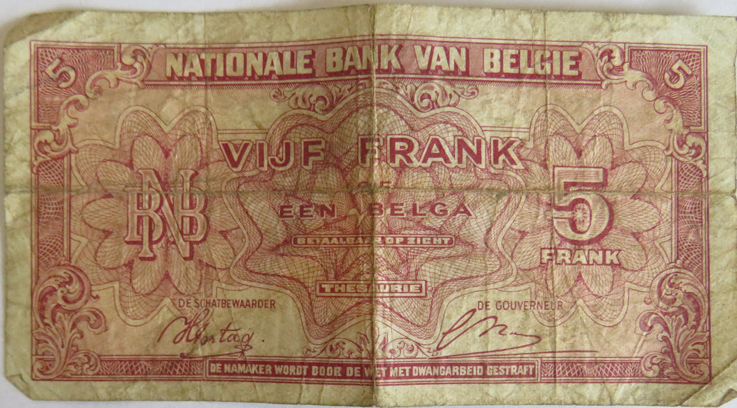 1943 Belgium 5 Francs Banknote