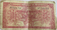 Load image into Gallery viewer, 1943 Belgium 5 Francs Banknote
