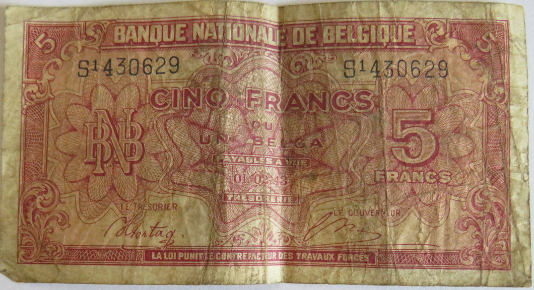 1943 Belgium 5 Francs Banknote