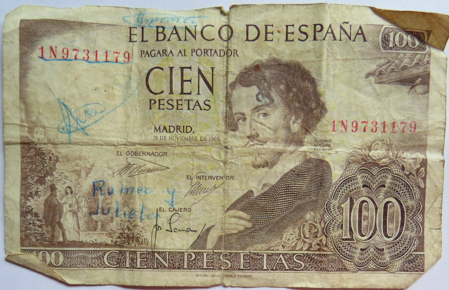 1965 Spain 100 Pesetas Banknote With Romeo Y Julieta Actors Signatures