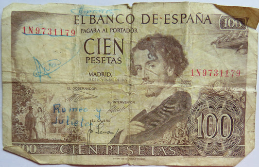 1965 Spain 100 Pesetas Banknote With Romeo Y Julieta Actors Signatures